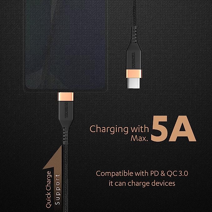 Duracell USB Type C To Type C 5A (100W) Braided Sync & Fast Charging Cable, Compatible With Mobile, Laptop, Tablets & MacBook, 3.9 Feet (1.2M), Supports PD & QC 3.0 Charging, 5 GBPS Data Transmission Duracell USB Type C To Type C 5A (100W) Braided Sync & Fast Charging Cable, Compatible With Mobile, Laptop, Tablets & MacBook, 3.9 Feet (1.2M), Supports PD & QC 3.0 Charging, 5 GBPS Data Transmission
